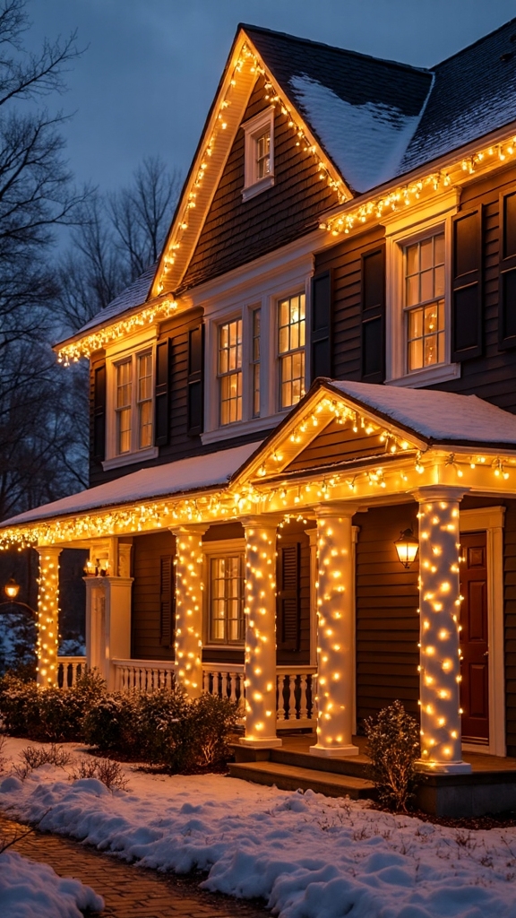 architectural elements accentuated with string lights