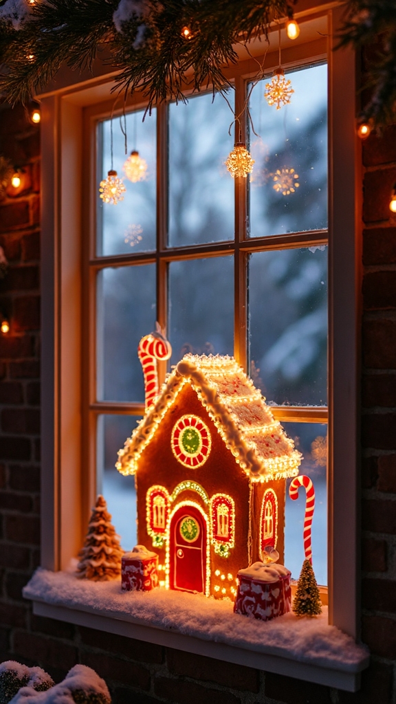 backlit gingerbread village window displays