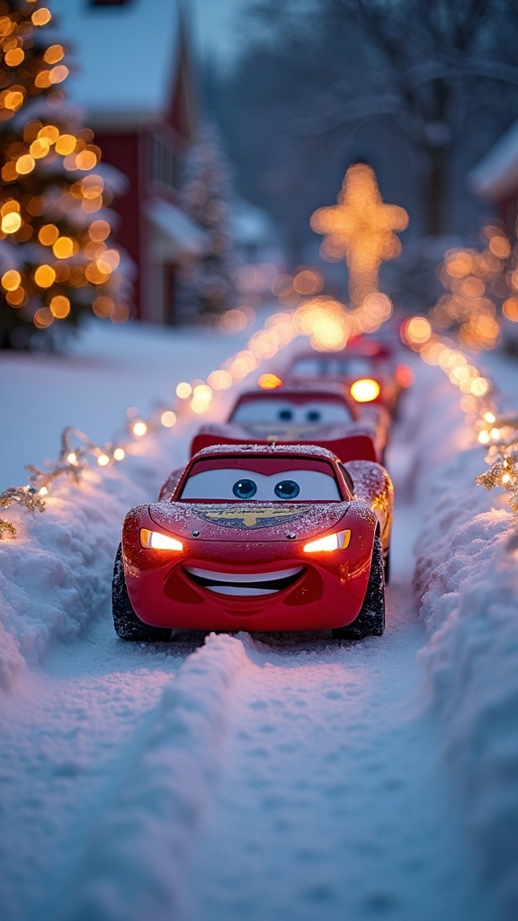 cars racing through winter display