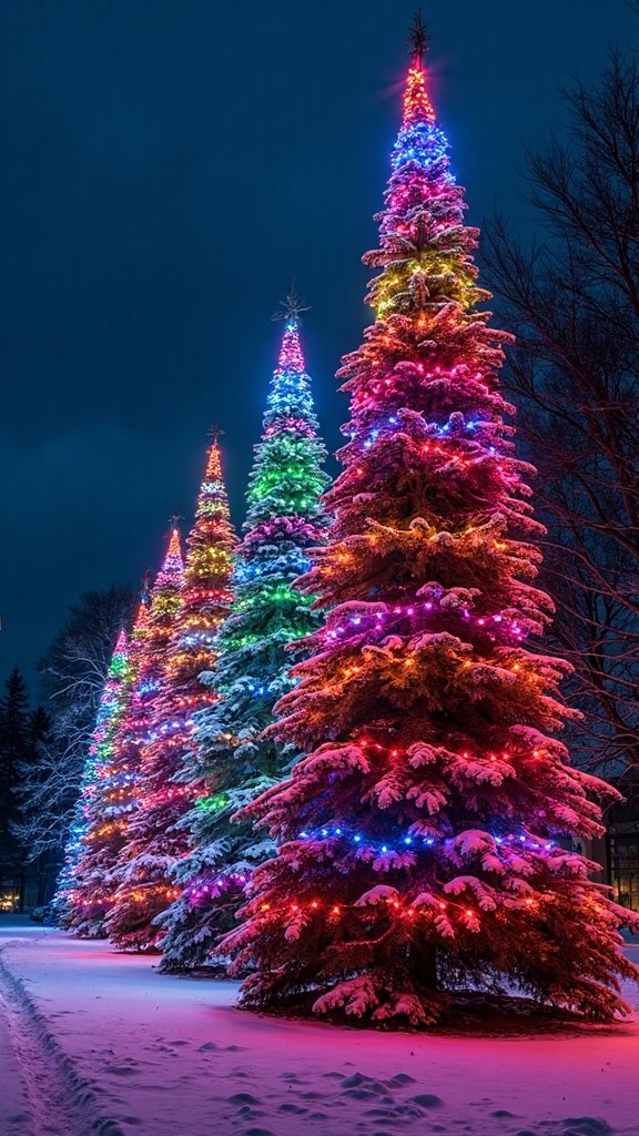 colorful illuminated evergreen silhouettes