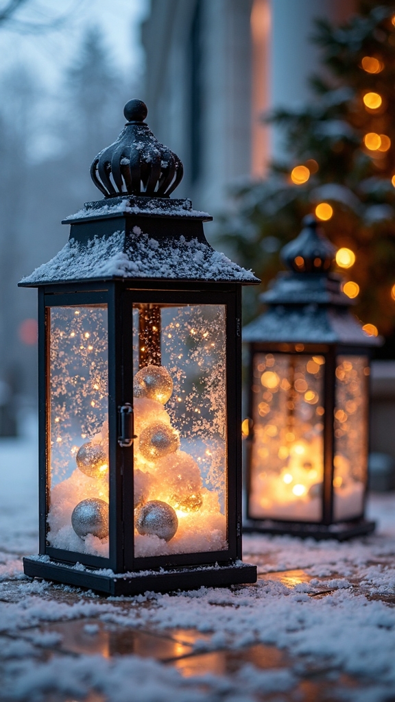 elegant winter lantern arrangements with snow