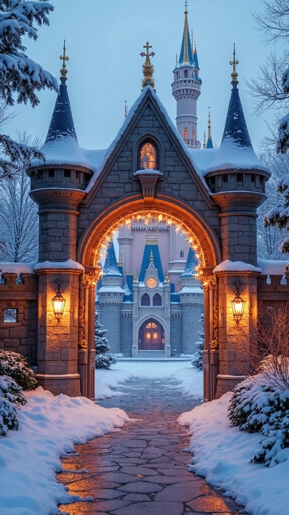 enchanting disney castle winter wonderland entrance