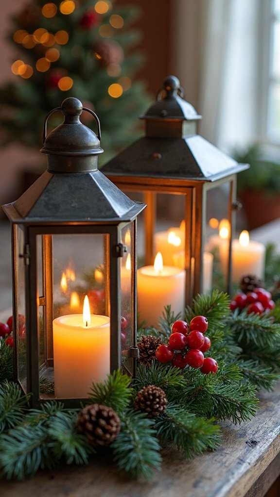 farmhouse lanterns with festive greenery