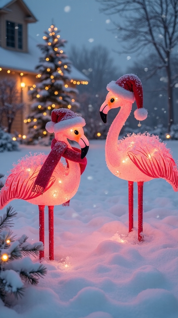 festive flamingo winter wonderland display