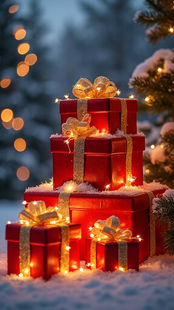 festive illuminated gift box towers