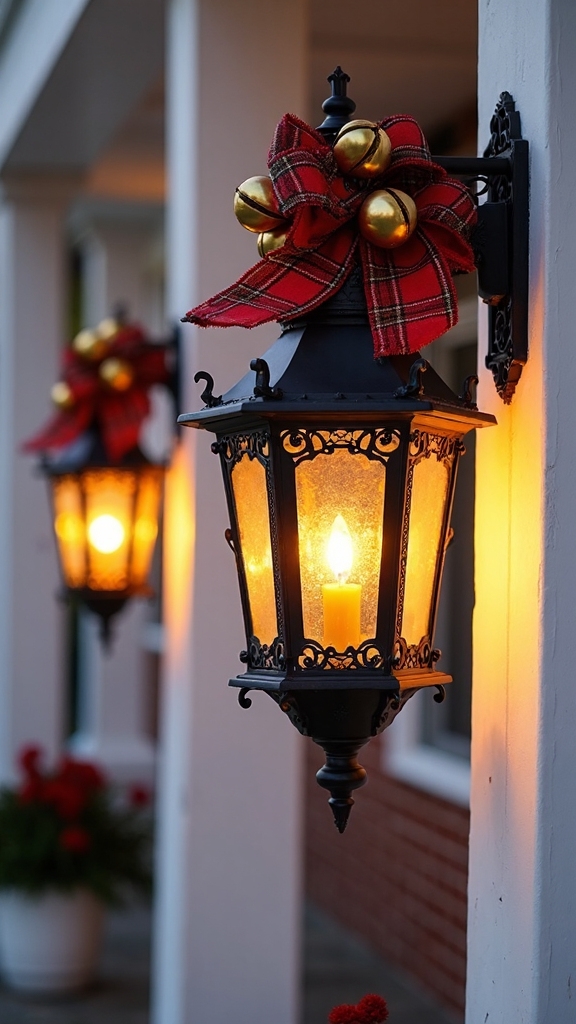 festive lantern posts with plaid charm