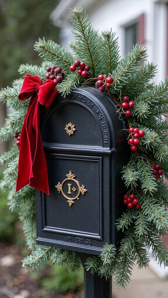 festive mailbox greenery and ribbon display