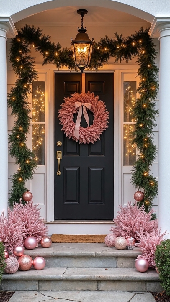 festive pink christmas porch decor