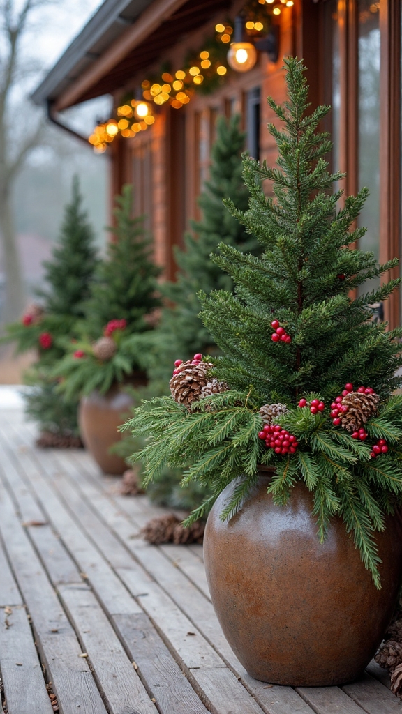 festive planters with winter accents