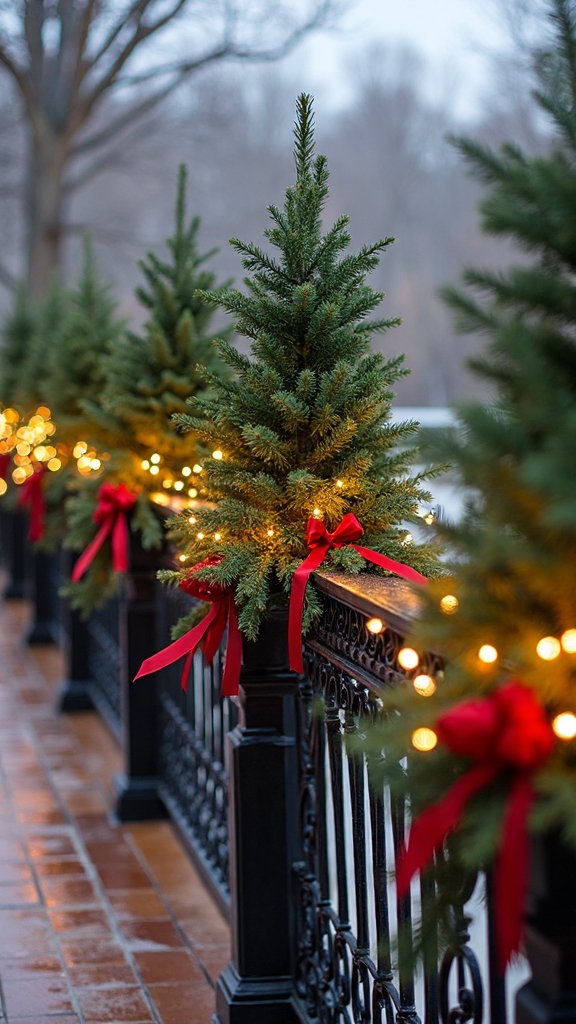 festive railing mounted miniature evergreen planters
