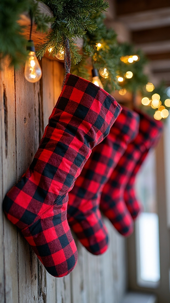 festive rustic porch beam stockings
