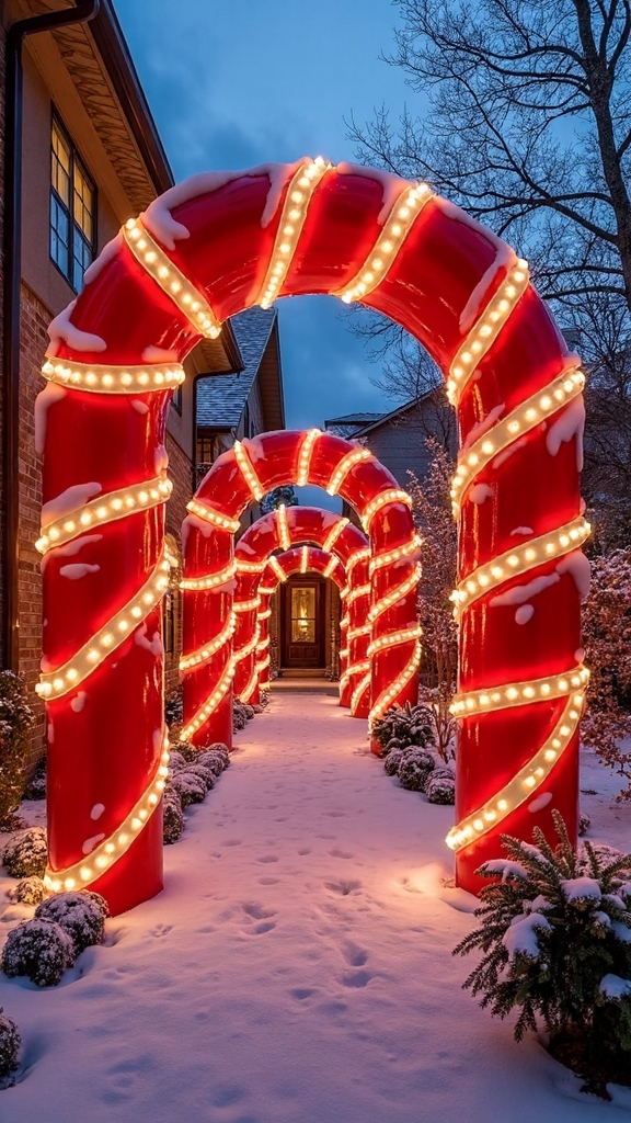 festive whimsical architectural illuminated candy cane gateways