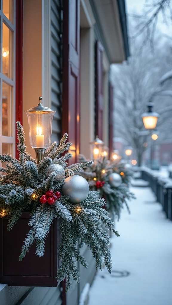 festive winter greenery window box arrangements