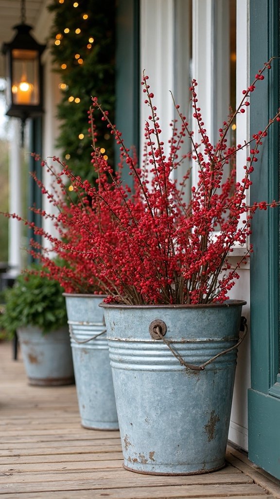 galvanized buckets overflow with red berries