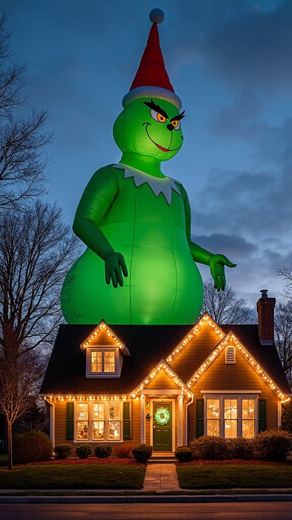 giant grinch overlooking rooftop display