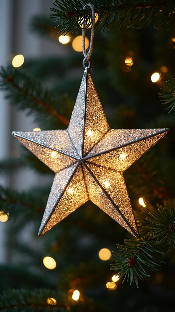 glittering metallic star with battery lights