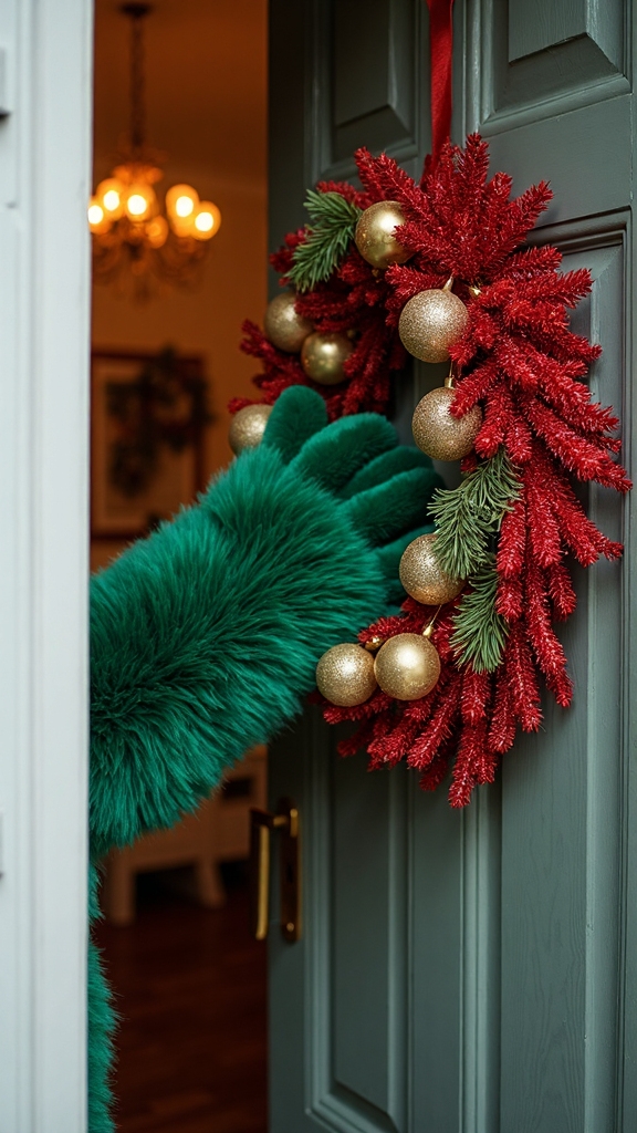 grinch hand steals christmas wreath display