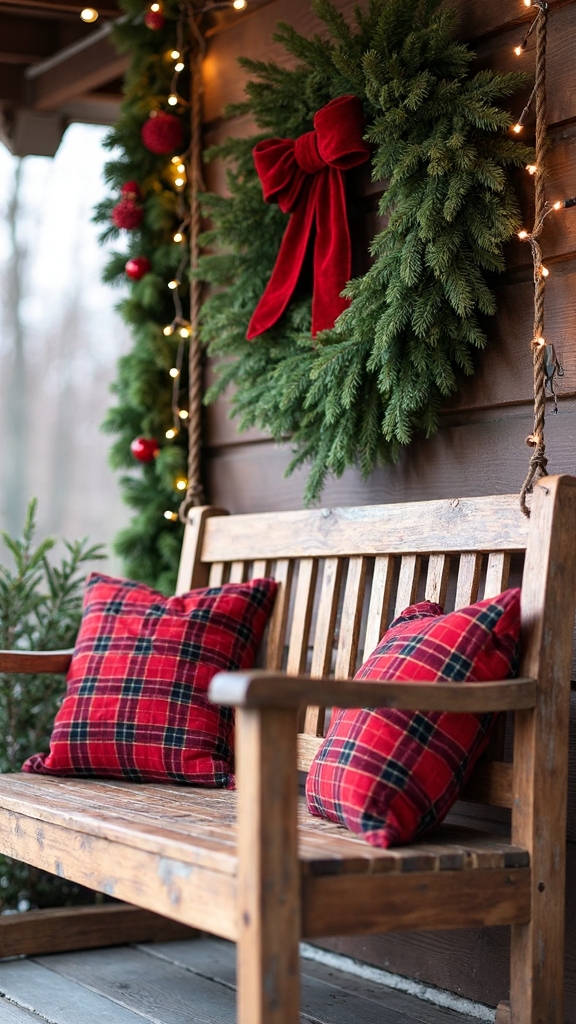 hanging wreath above porch swing
