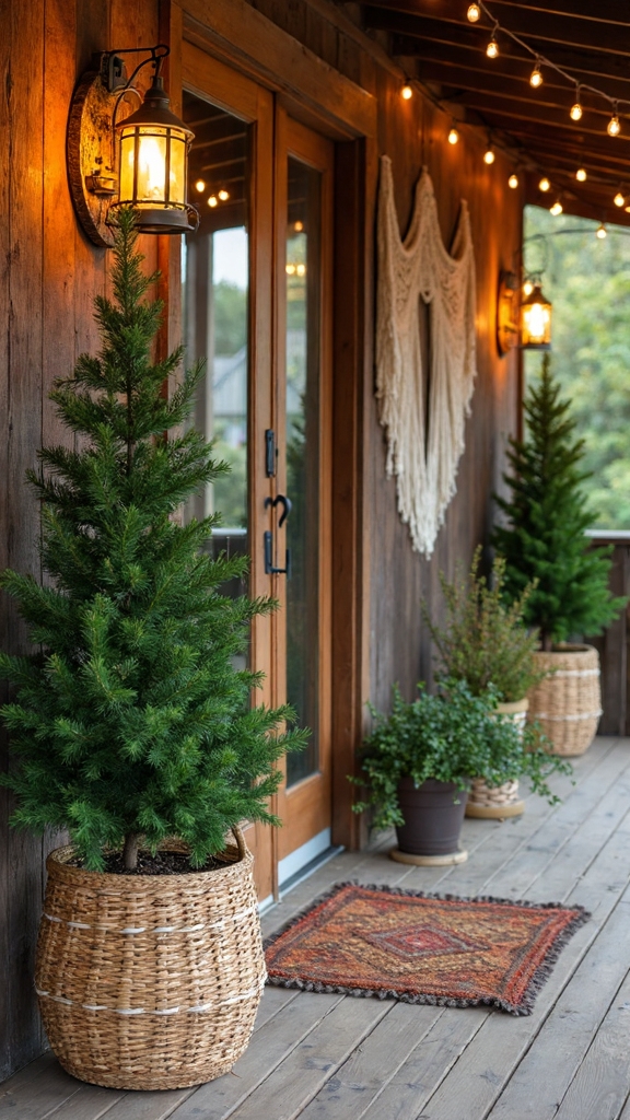 organic bohemian low maintenance porch evergreens