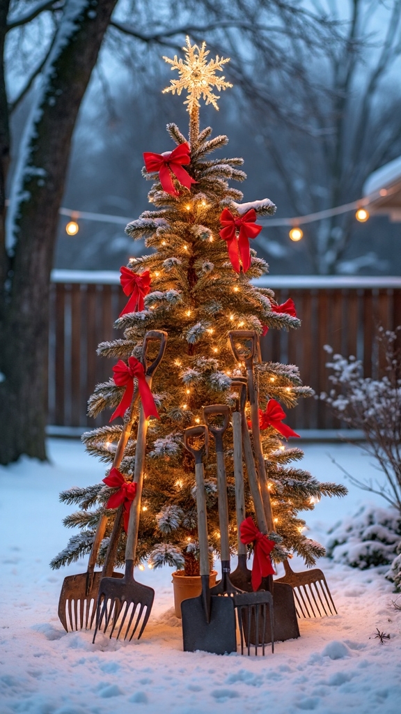 repurposed gardening tools holiday decoration