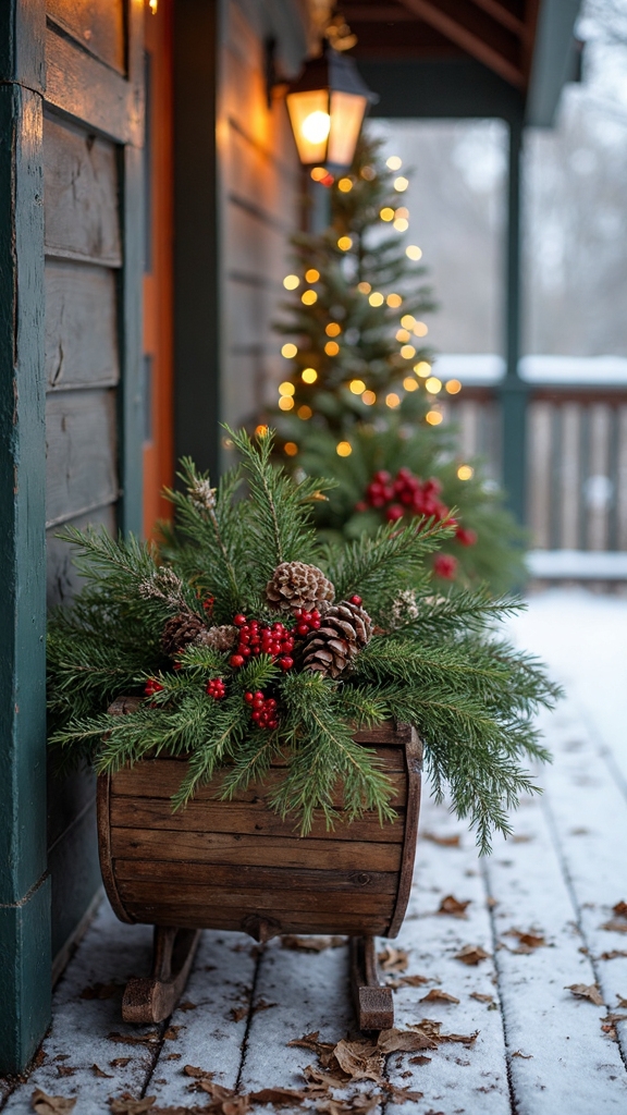 repurposed wooden sleighs as holiday planters
