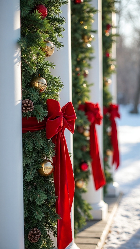 ribbon wrapped festive porch columns