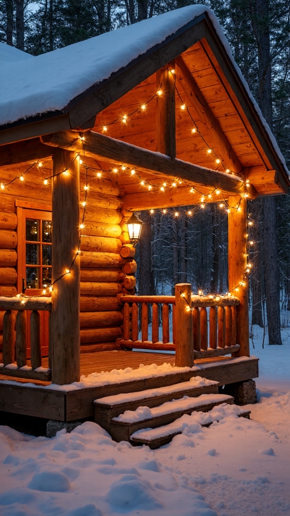 rustic winter porch lighting display