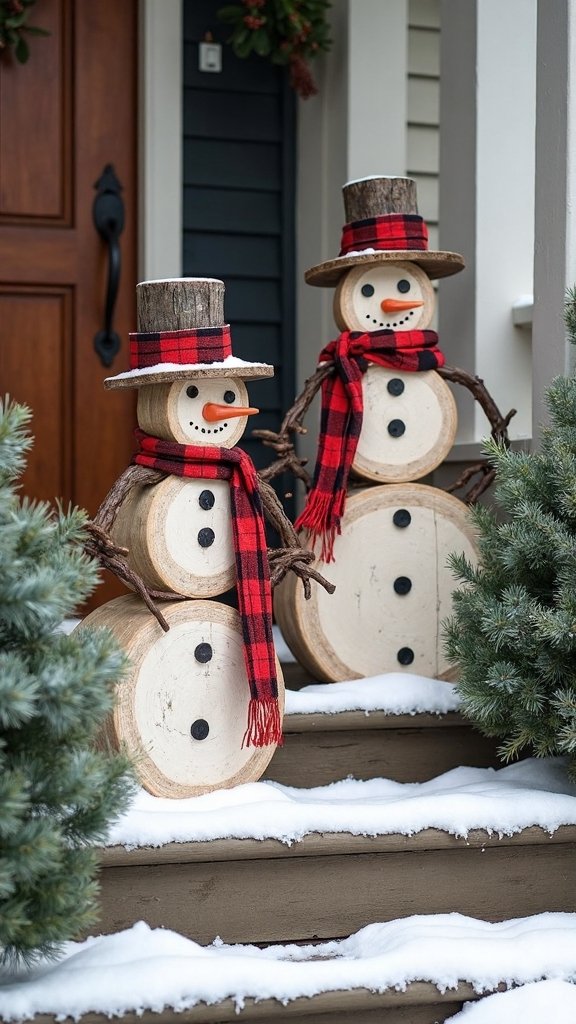 rustic wooden snowman family decor