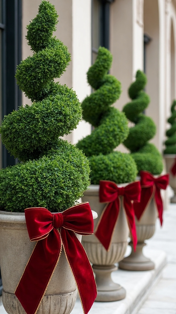 spiral boxwood topiaries velvet ribbon accents