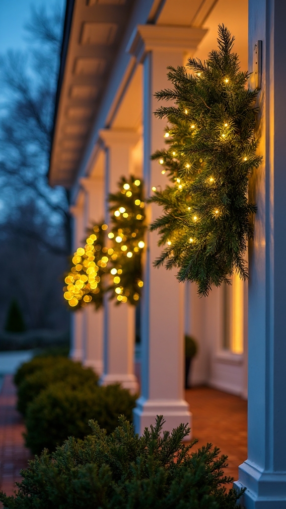 staggered asymmetrical illuminated porch wreaths