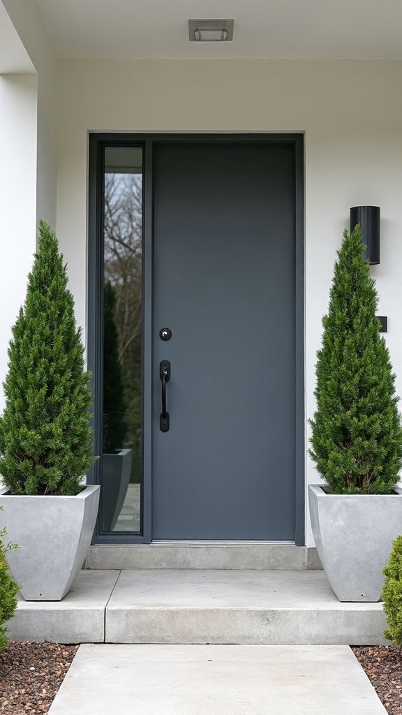 symmetrical potted evergreen entryway decor