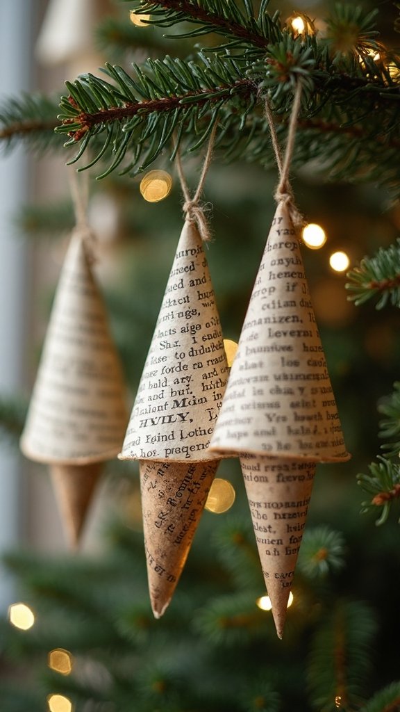 vintage book page cone ornaments
