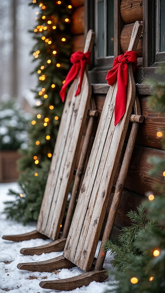 vintage wooden sleds festive porch props