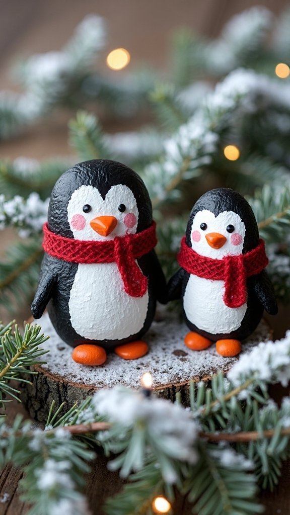 whimsical painted rock penguin ornaments