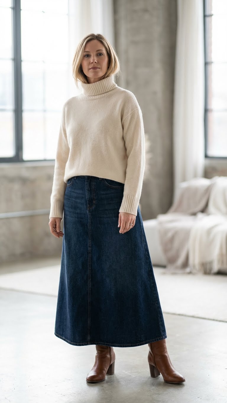13 Denim Skirt Winter Outfit Ideas That Balance Comfort and Style