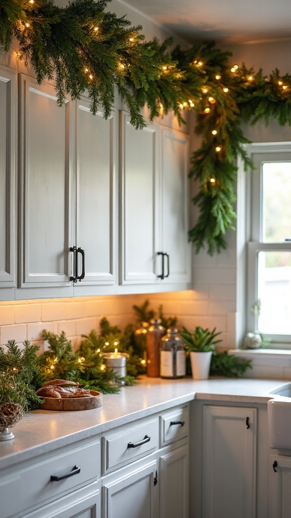 cascading evergreen garland with lights
