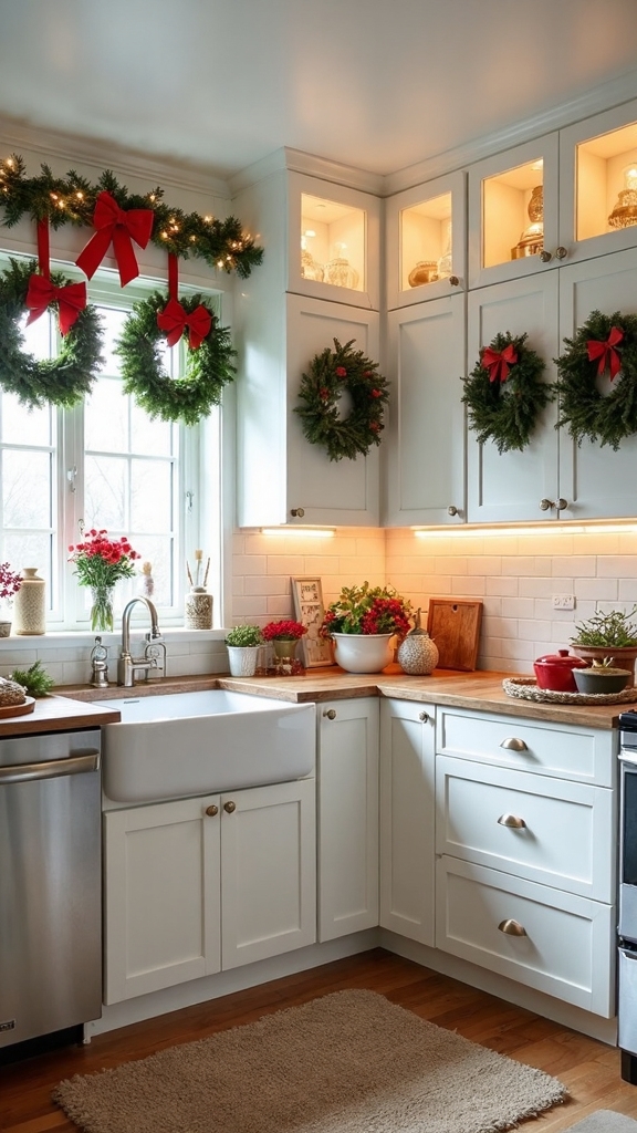 cozy christmas kitchen cabinet wreaths