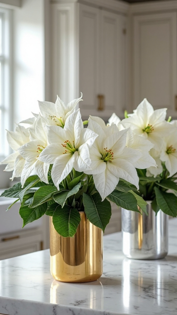 elegant winter blooms in metallic planters