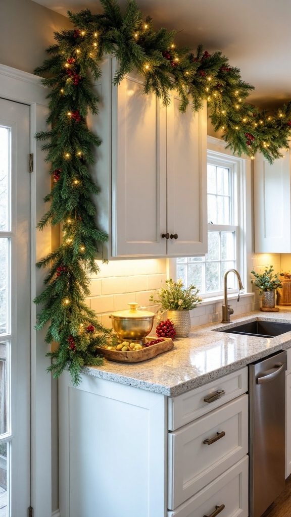 festive cabinet top garland display