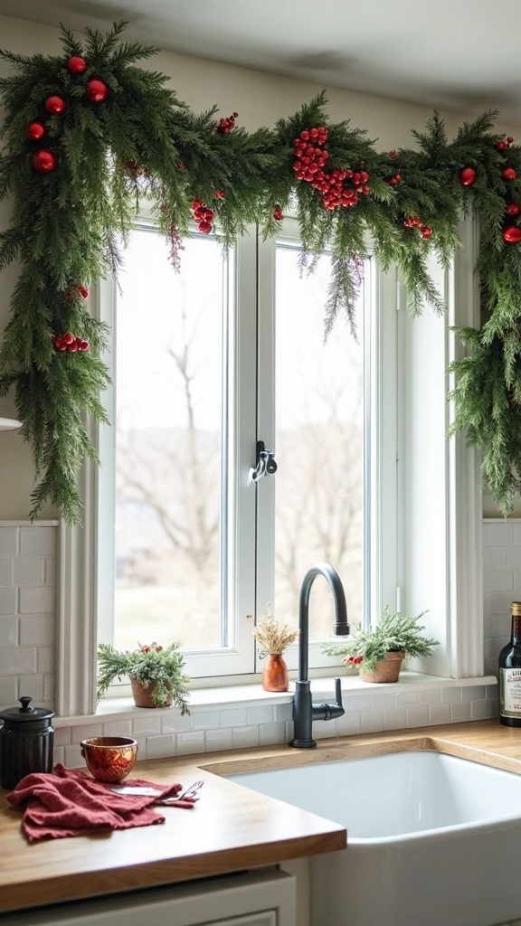 festive christmas kitchen window garlands