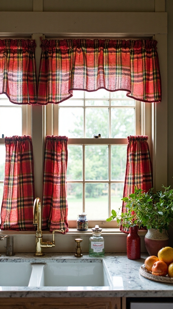 festive farmhouse plaid kitchen curtains