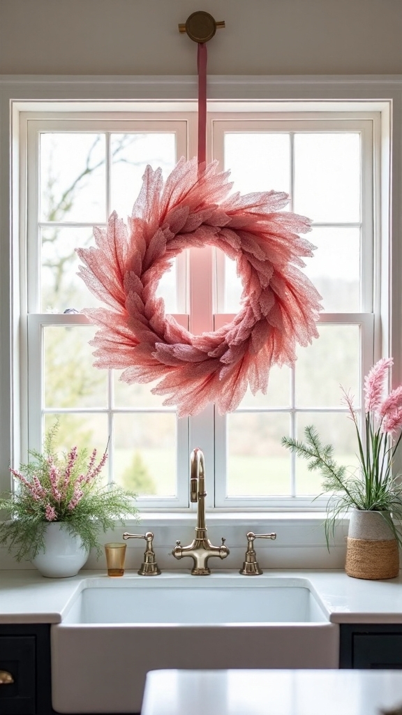 ombr wreath above distressed wood shelving