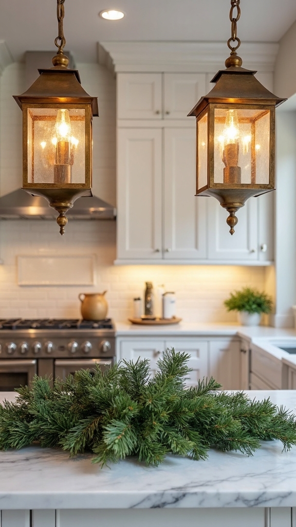 warm metallic holiday kitchen lanterns