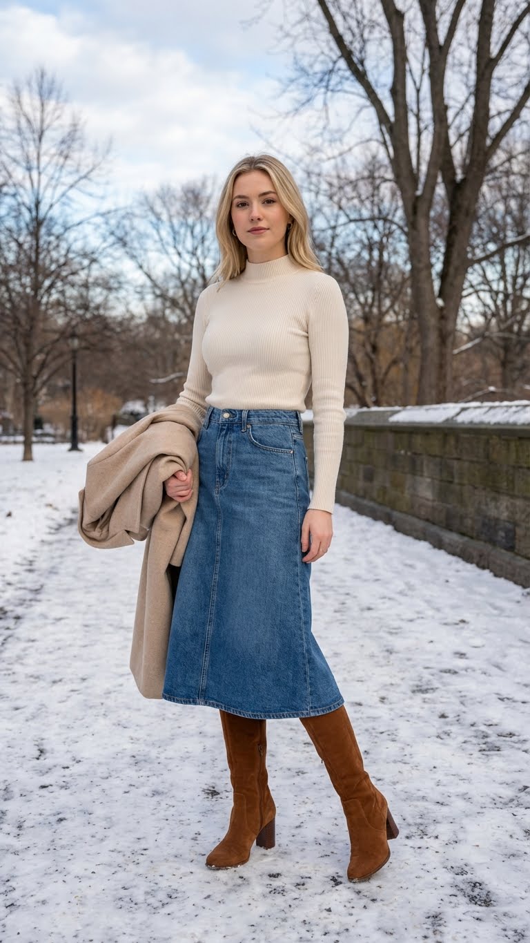 12 Jeans Skirt Outfit Ideas for Winter That Feel Effortless and Cool