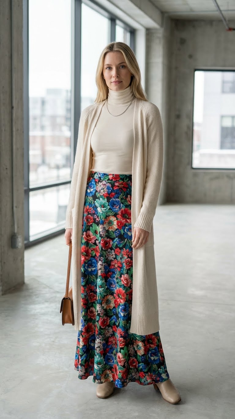 12 Floral Skirt Outfit Ideas for Winter That Bring a Pop of Color