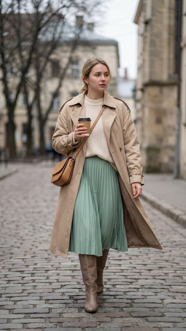 12 Green Pleated Skirt Outfit Ideas for Winter Sophistication