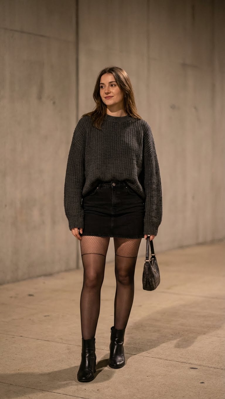 14 Black Mini Skirt Outfit Ideas for Winter With Tights